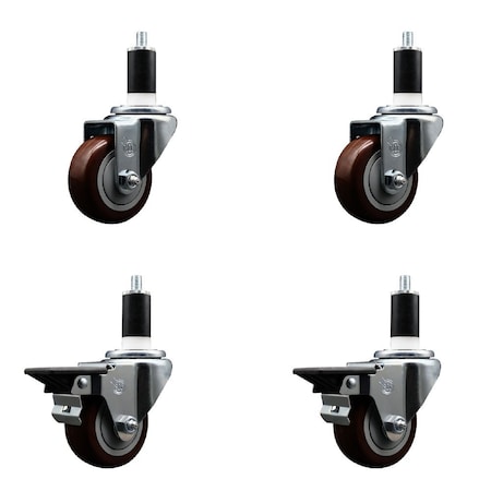 Service Caster 3'' Maroon Poly Wheel Swivel 1-3/8'' Expanding Stem Caster Set 2 Brakes, 4PK SCC-EX20S314-PPUB-MRN-2-PLB-2-138